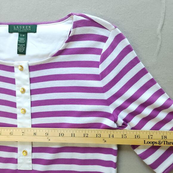 Lauren Petite Medium Cotton Pullover Buttoned Collar Purple-White Stripes - Picture 5 of 7
